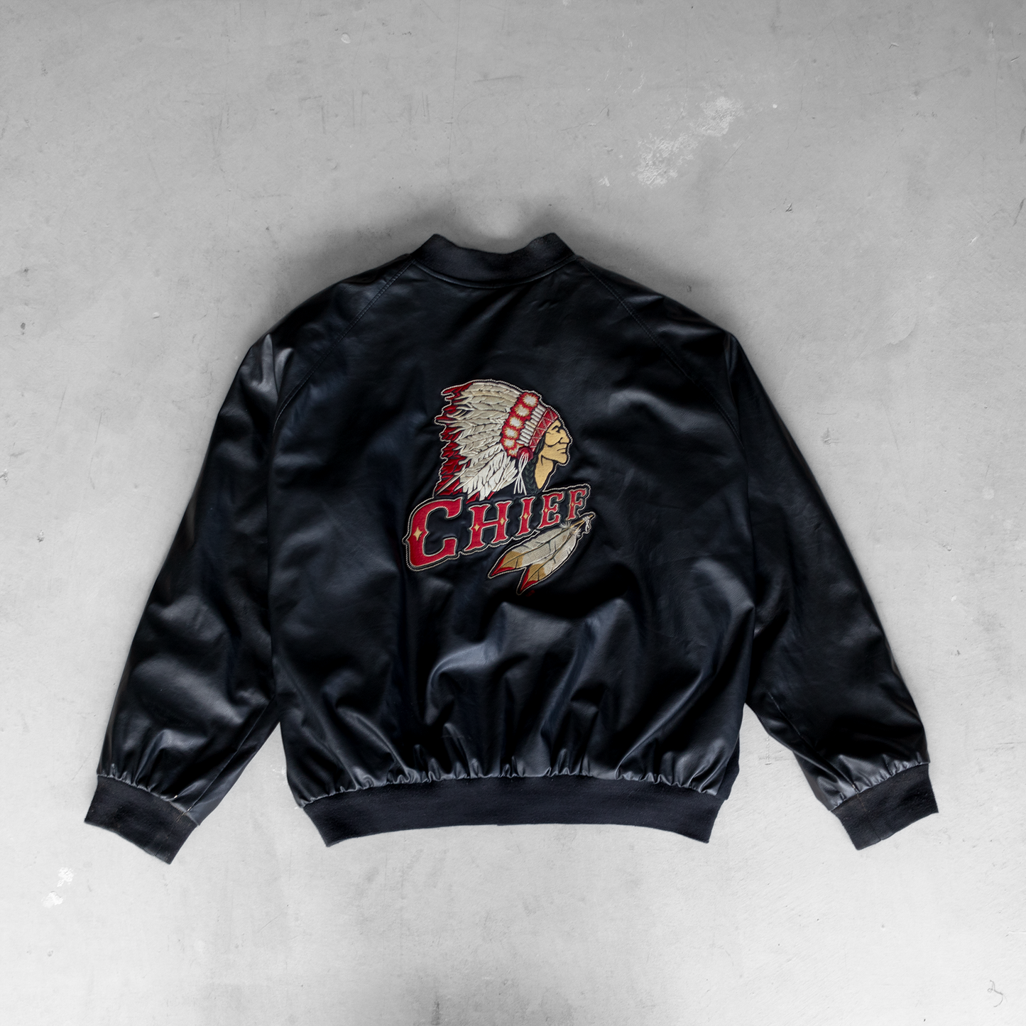 Vintage Chief Embroidered Graphic Faux Leather Jacket (XL)