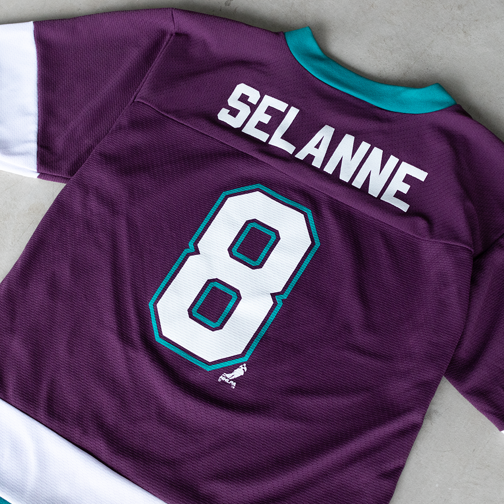 Vintage NHL The Mighty Ducks Anaheim Teemu Selanna #8 Youth Football Jersey (L)