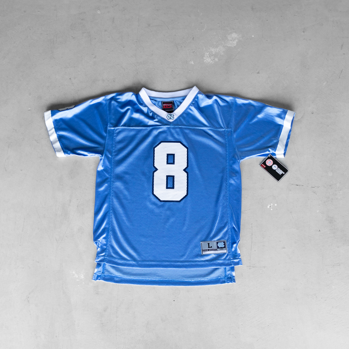 Vintage University Of North Carolina Baby Blue #8 Youth Football Jersey (L)