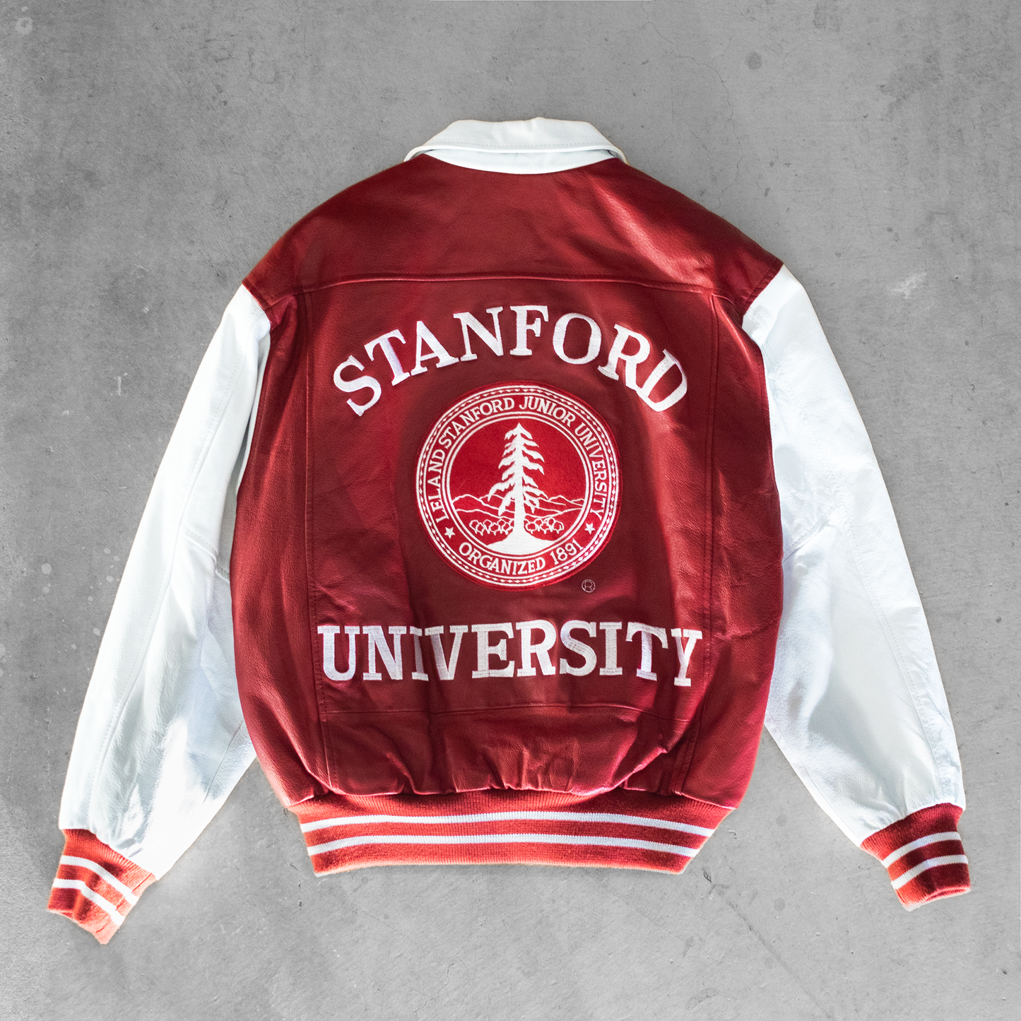 Vintage Stanford University Stamp Logo Leather Embroidered Jacket (M)