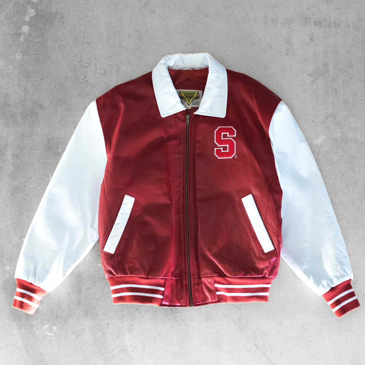 Vintage Stanford University Stamp Logo Leather Embroidered Jacket (M)