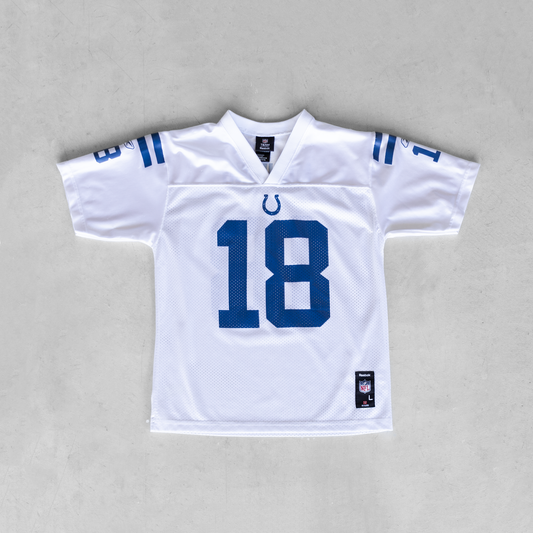 Vintage NFL Indianapolis Colts Peyton Manning #18 White/Blue Youth Football Jersey (L)