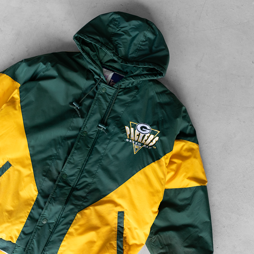 Vintage NFL Green Bay Packers Hooded Wind Breaker Bomber Jacket (M)