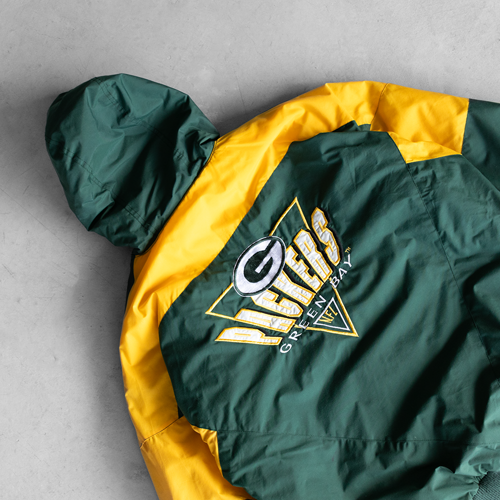 Vintage NFL Green Bay Packers Hooded Wind Breaker Bomber Jacket (M)