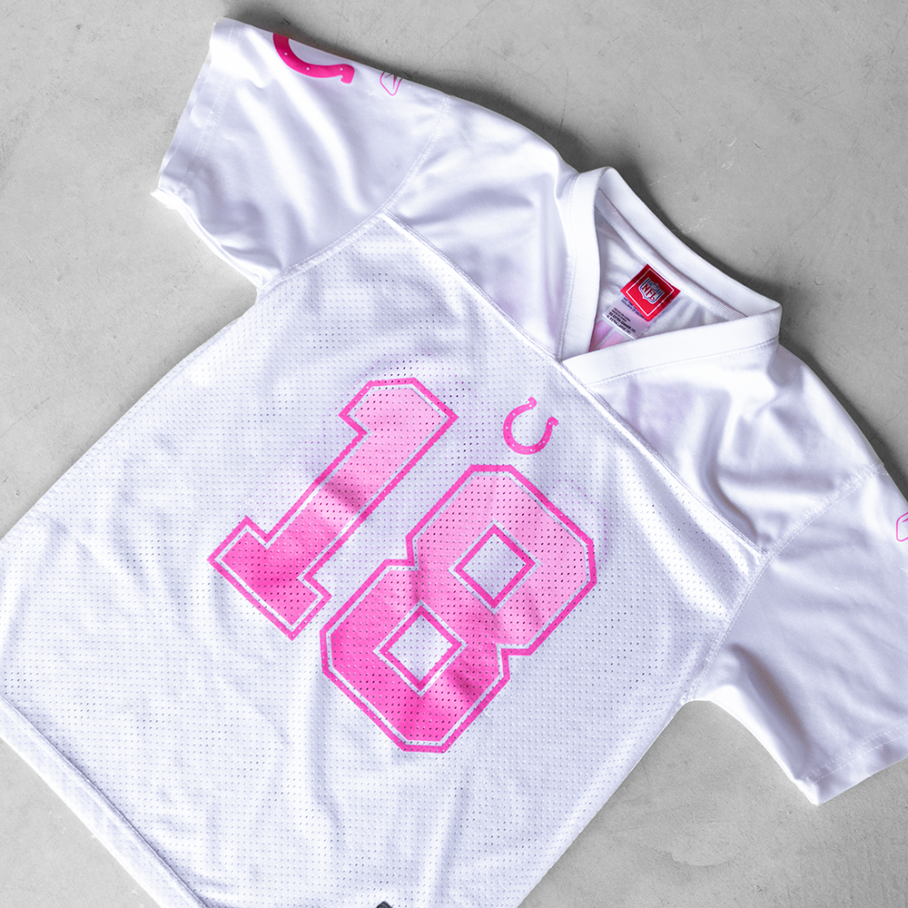 Vintage NFL Indianapolis Colts Manning #18 White/Pink Youth Football Jersey (XL)