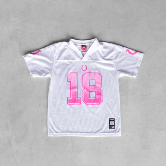 Vintage NFL Indianapolis Colts Manning #18 White/Pink Youth Football Jersey (XL)