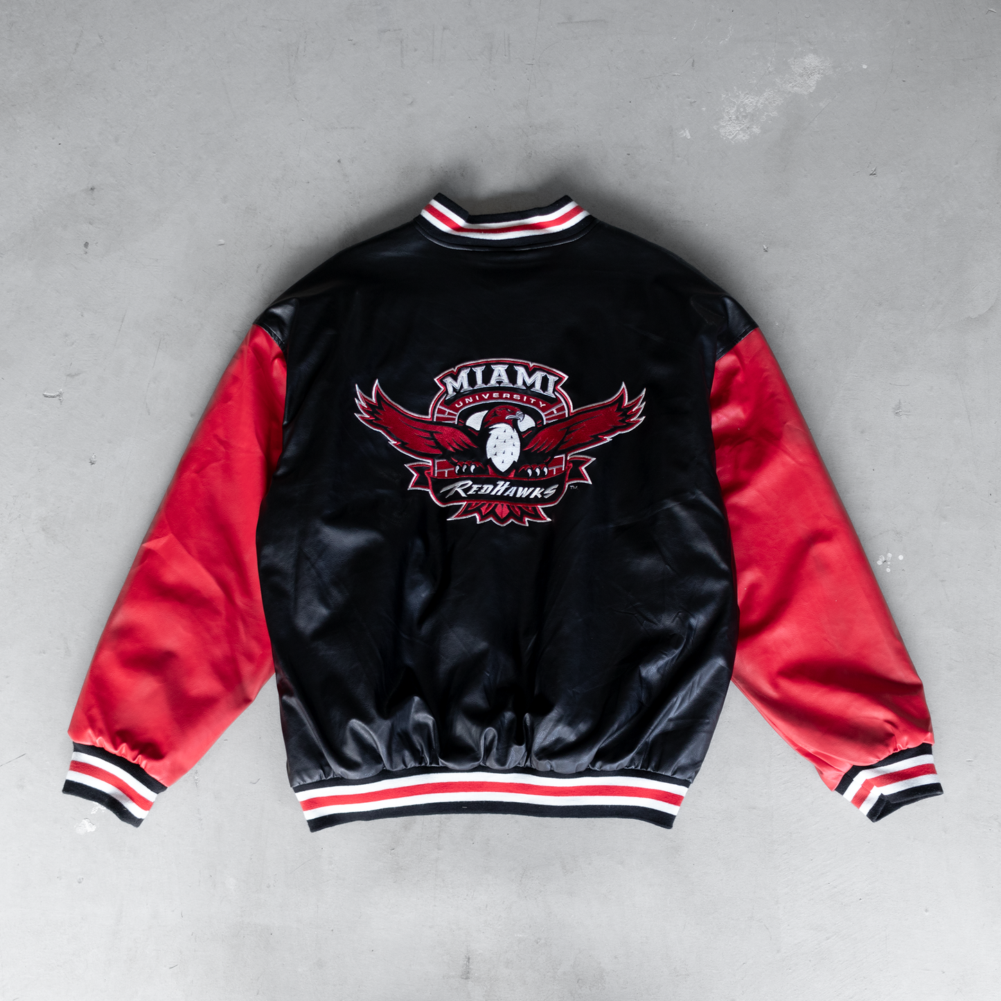 Vintage Miami University Redhawks Football Faux Leather Jacket (XL)
