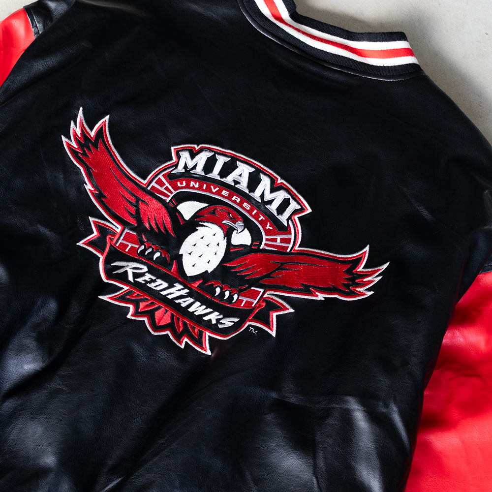Vintage Miami University Redhawks Football Faux Leather Jacket (XL)