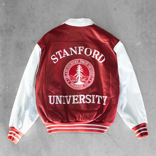 Vintage Stanford University Stamp Logo Leather Embroidered Jacket (M)