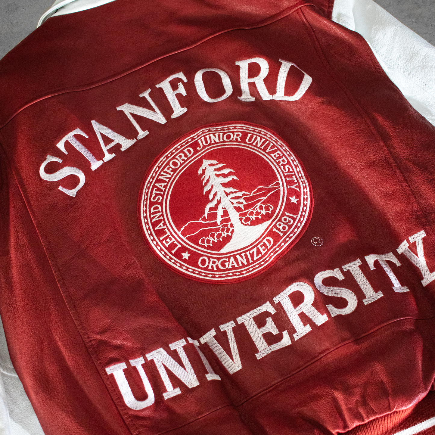 Vintage Stanford University Stamp Logo Leather Embroidered Jacket (M)